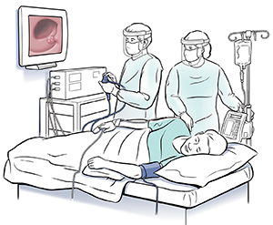 Two health care providers performing sigmoidoscopy on patient lying on side.